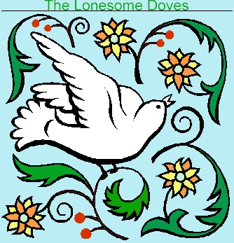 The Lonesome Doves Banner, a white dove perched on a branch with green leaves and yellow and orange flowers.