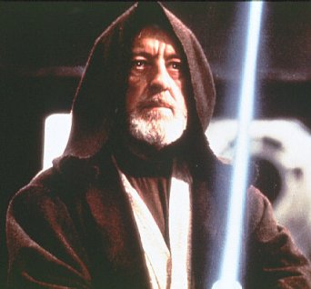 Obi Wan wielding his light saber, from the original; Star Wars: A New Hope