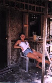 Malene relaxing in her US$8 a night beach bungalow