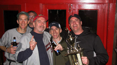 John Megan, Ben Gunther, Al Miller, Brett Loosian and John Roche celebrate a 6th Motor Pool title at Sweetwater Tavern