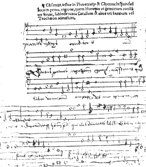 Music-page of a Song composed by Macropedius in 1544. Mouseclick on the page and You will hear the song