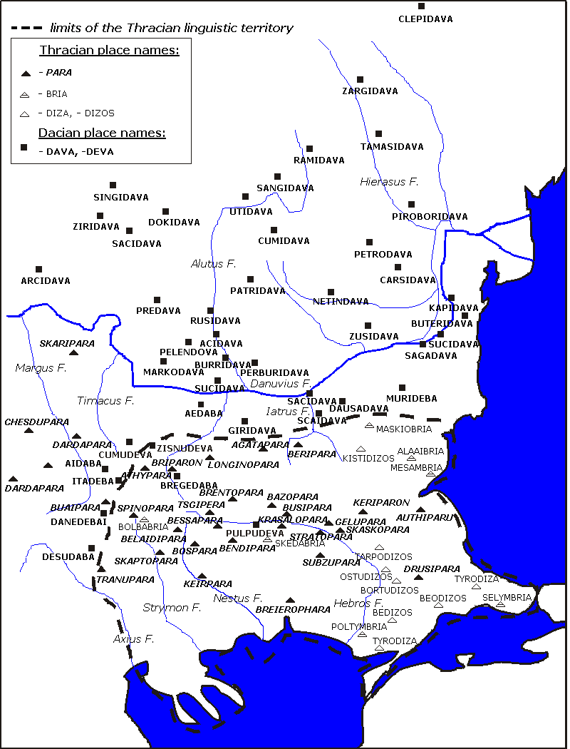 Map of the Thracian linguaistic territory