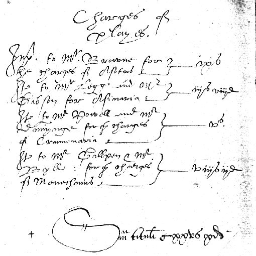 Note in the Archives of Trinity College, stating the performance of Asotus in 1565: 'Charges of Plays./ In[primis] to Mr. Browne for / the charges of Asotus - ix s[hillings]'