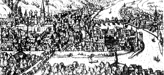 The city of Liege in the 16th Century; St. Jerome's School was at the winding of the River (see Arrow)