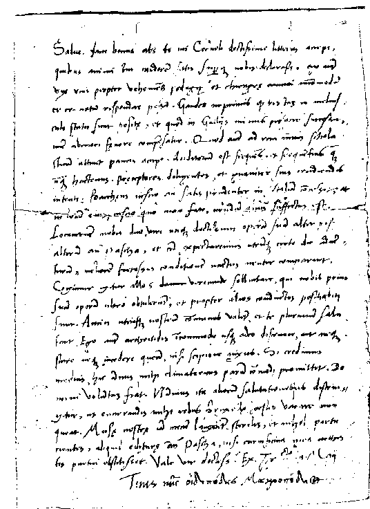 A Letter from Macropedius to his former pupil, Professor Cornelius Valerius in Louvain; Utrecht, May 9th 1549. MOUSECLICK ON THE LETTER FOR THE LATIN LETTER